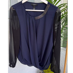 Alfani Navy Sheer Top Chiffon Sleeves Petite 10P Beaded Neckline Lightweight